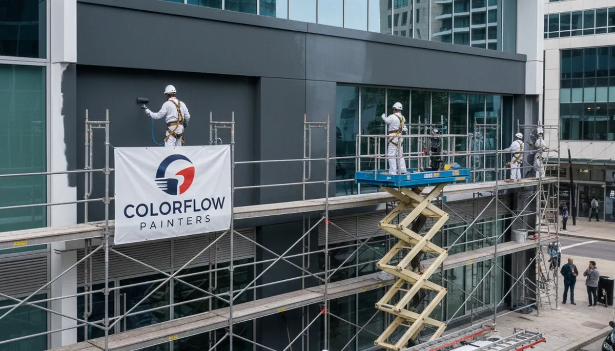 Professional commercial painters applying exterior coating in San Diego, CA business building