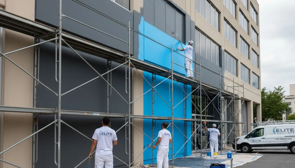 Professional commercial painters working on an office exterior in San Diego, CA