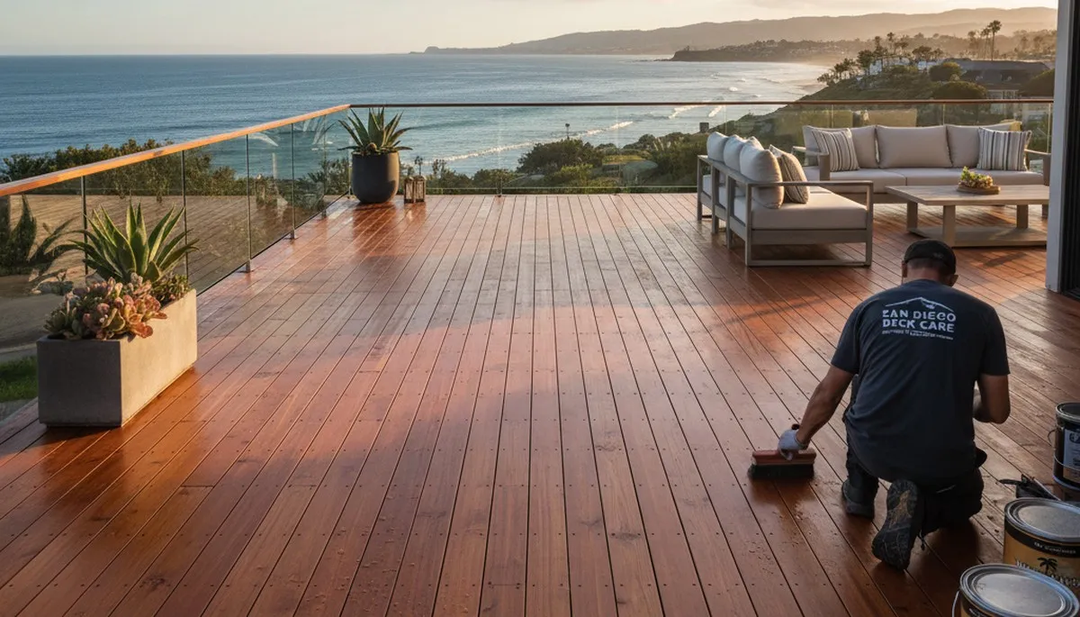 Professional painter applying deck stain on wooden patio in San Diego, CA for UV and moisture protection