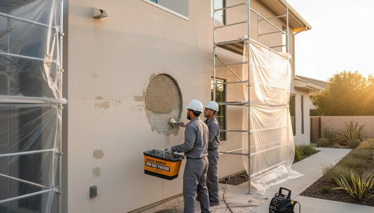 Professional stucco repair on San Diego home exterior by expert painters restoring cracks and weather damage