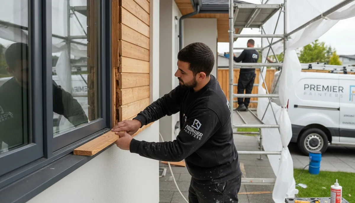 Professional wood rot repair on coastal home exterior in San Diego, CA by expert painters