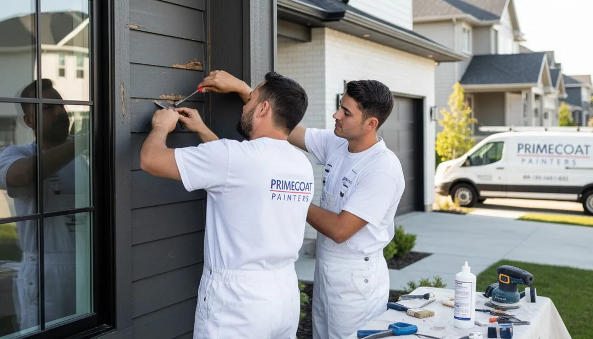 Professional wood rot repair on coastal home exterior in San Diego, CA by expert painting contractors